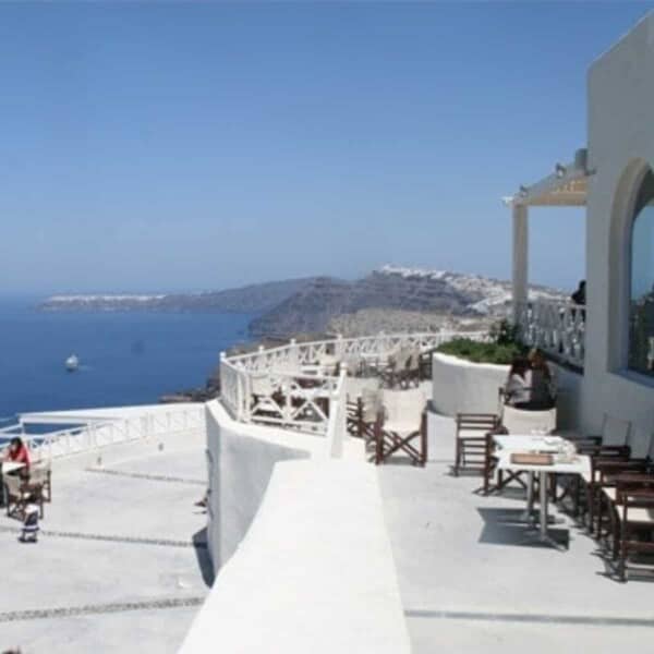 The blue sea and a restaurant in Santorini