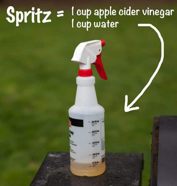 A spritz (or mop) for smoked meat in a plastic spray bottle