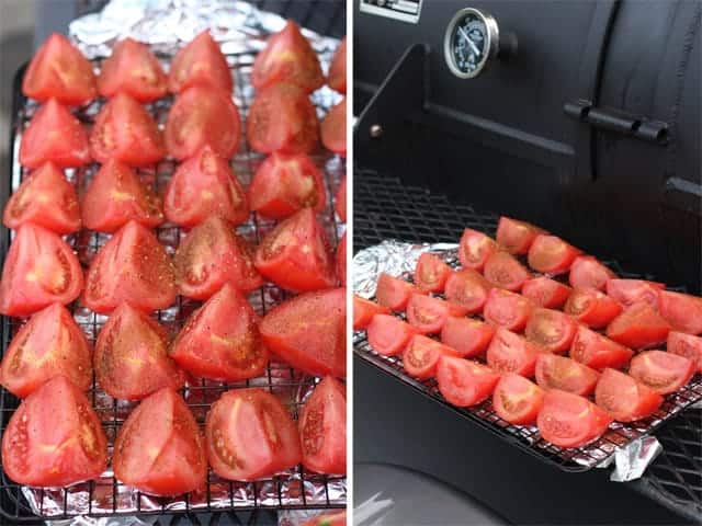 Tomatoes, quartered up on a sheet tray, about to go on a smoker