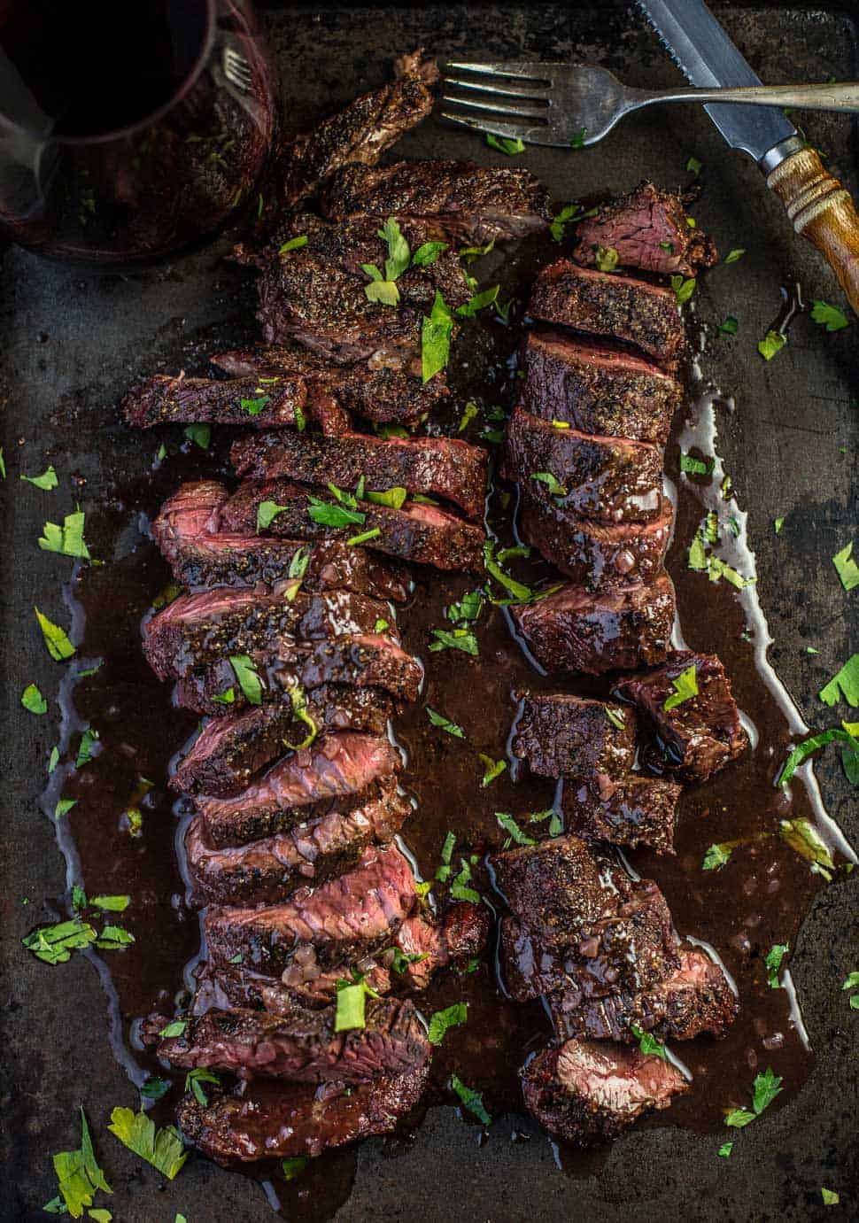 Slices of Hanger Steak on a platter