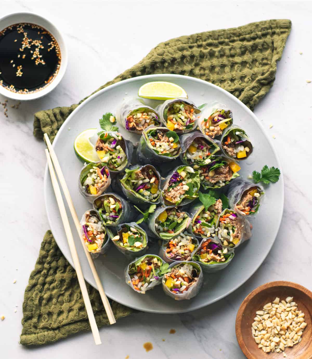 sliced spring rolls on a plate