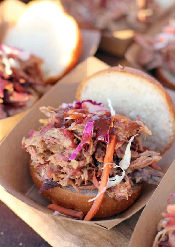 Smoked Pulled Pork Sandwiches topped with no mayo coleslaw