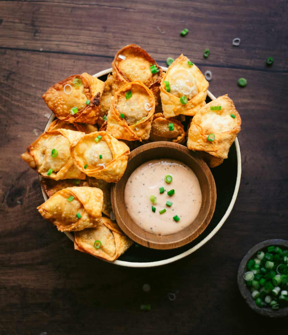 pulled pork wontons in a bowl