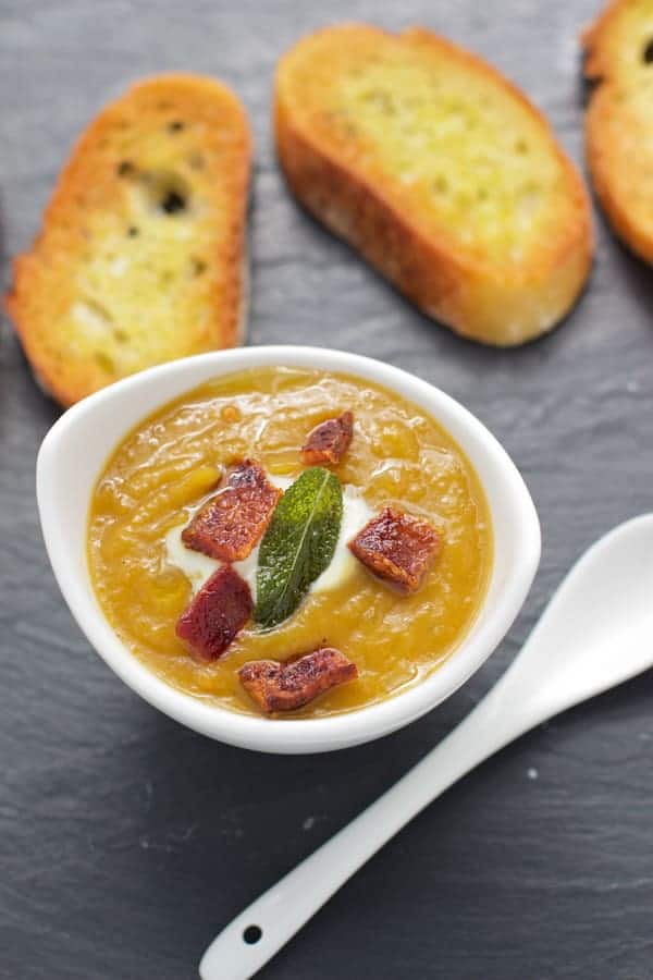 Smoke Roasted Butternut Squash Soup topped with Crispy Bacon
