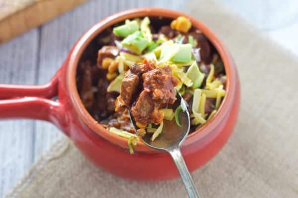 Smoked Beef Brisket Chili. Hearty, rich, and delicious!