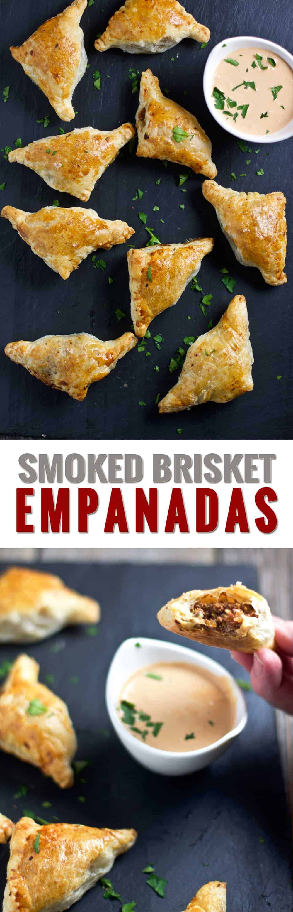 Smoked Brisket Empanadas. An incredible use for leftover smoked brisket and awesome appetizer idea for the holidays. Smoked brisket, sautéed vegetables, herbs and spices rolled in puffed pastry dough, and served creamy crème fraîche BBQ dipping sauce. So so good. 