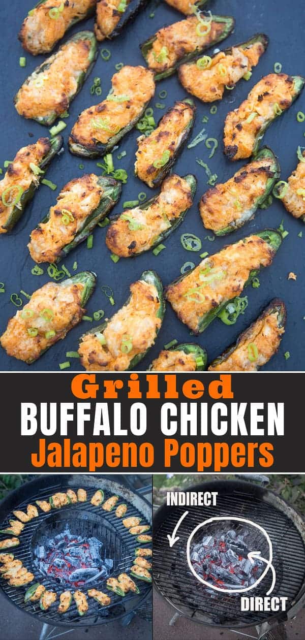 Grilled Buffalo Chicken Jalapeno Poppers on a black plate, and pictures of the poppers being grilled, pinterest image