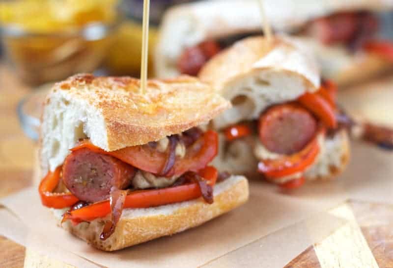 Smoked Sausage Sandwiches with Peppers and Onions. A super easy game day appetizer for your Super Bowl party. 