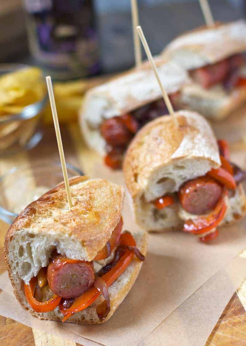 Smoked Sausage Sliders with Peppers and Onions. A super easy slider sandwich for the Super Bowl! One of many great game day easy appetizers to come!