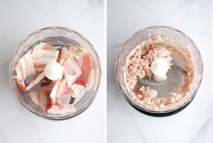 A side by side image of bacon going into the food processor to turn into a paste