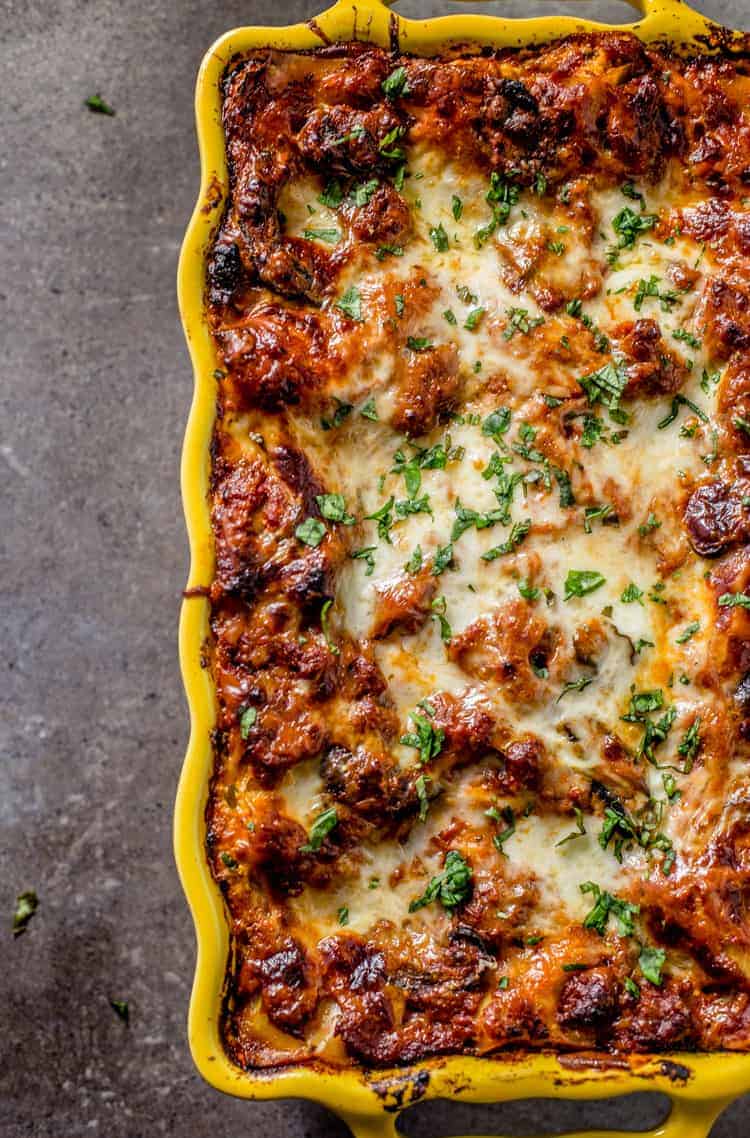 Smoked sausage lasagna in a casserole pan