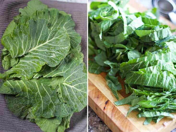 Side by side of collard greens with stem removed and sliced after massaging.