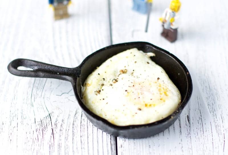 Over Easy Egg cooked on a miniature Lodge cast iron skillet