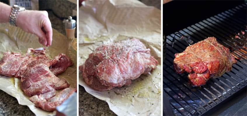 Three photos, side by side, demonstrating how to prep lamb shoulder for the smoker