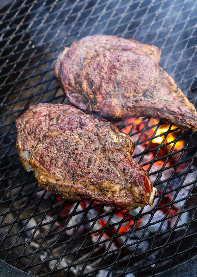 2 Reverse Seared Ribeye Steaks cooking on the grill