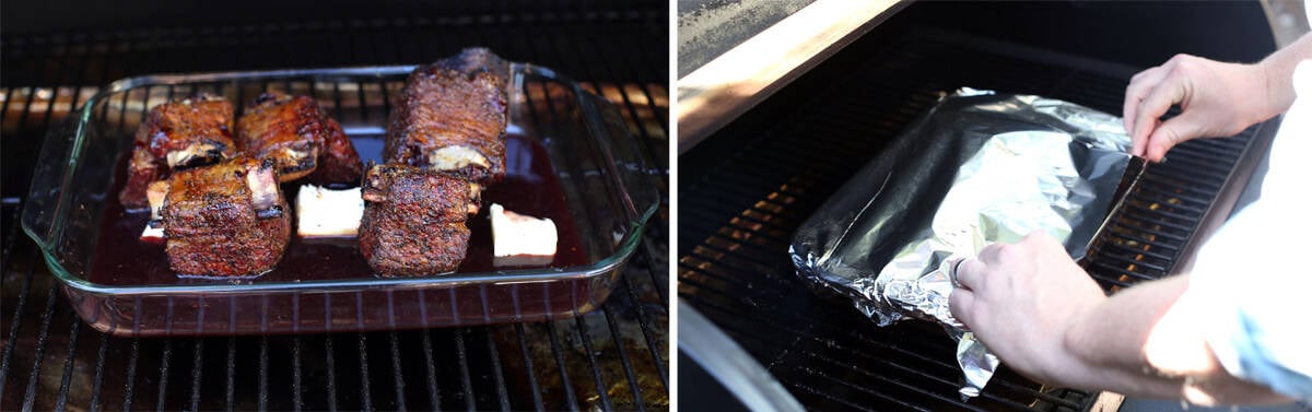 Placing aluminum foil over a glass pan to keep the moisture inside the pan.