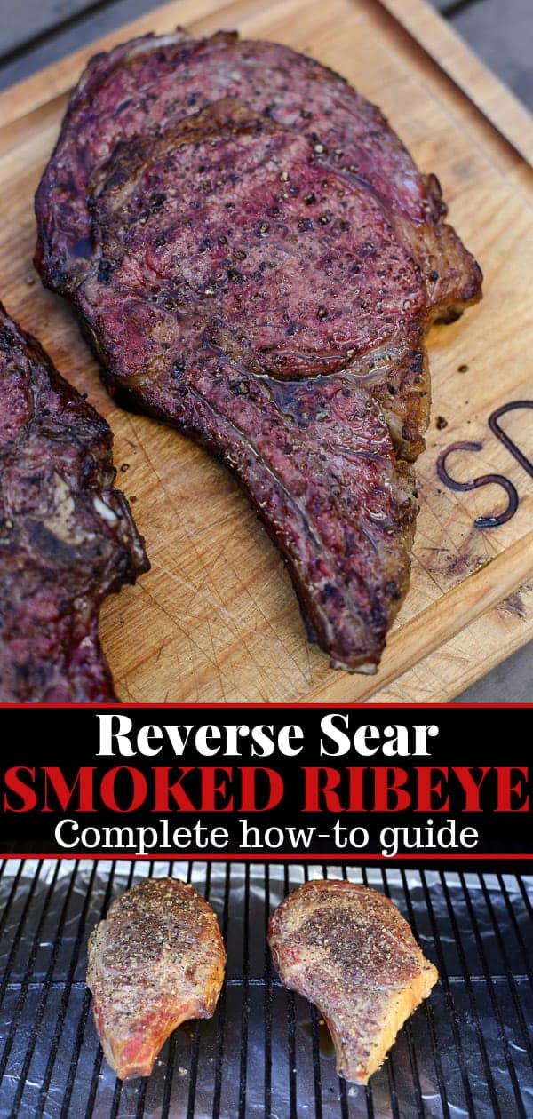 Reverse Sear Smoked Ribeye on a smoker and a cutting board