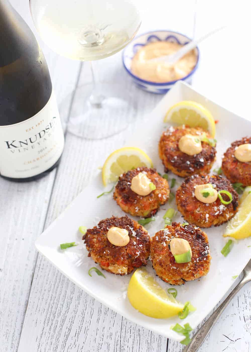 Smoked Salmon Cakes with Dungeness crab paired with wine