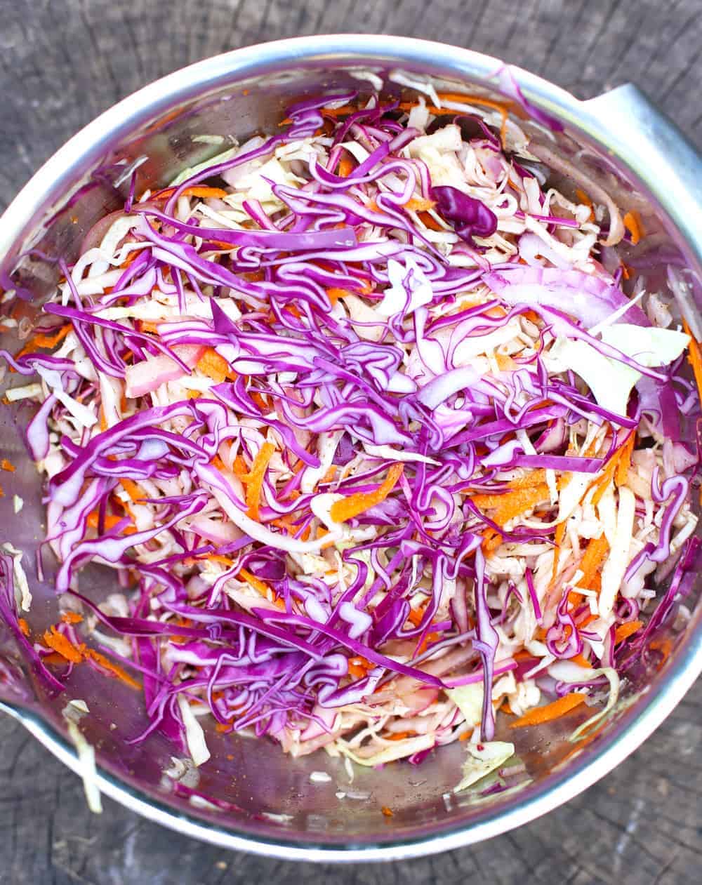 Easy No Mayo Coleslaw in a silver bowl