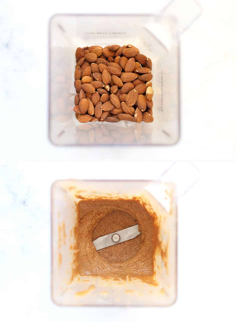 A blender with almonds inside