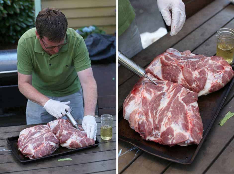 Injecting a pork butt (or pork shoulder)