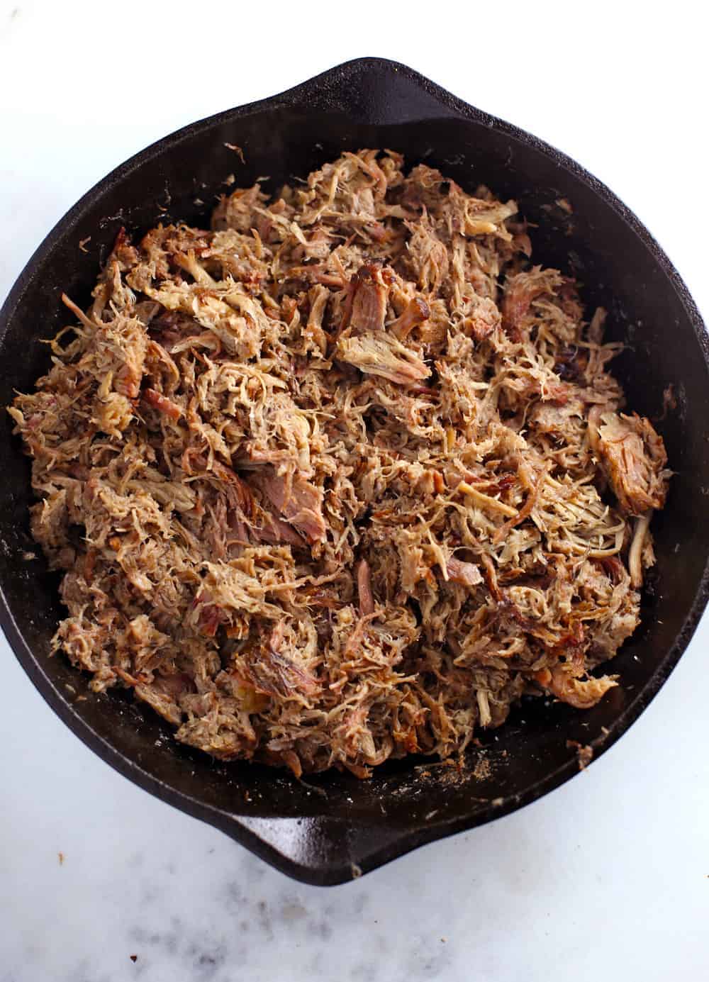Leftover Smoked Pulled Pork in a cast iron skillet