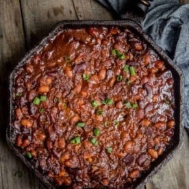 BBQ Baked Beans in a cast iron pan