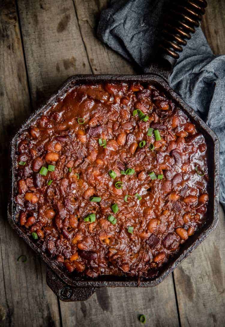 BBQ Baked Beans in a cast iron pan
