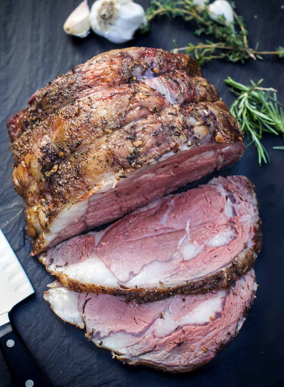 Smoked Prime Rib carved on a platter