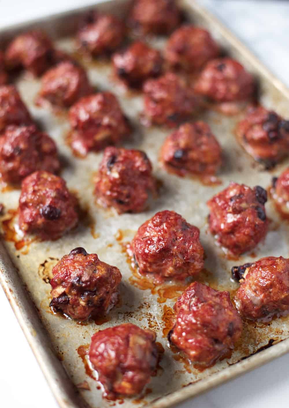 A tray of smoked meatballs