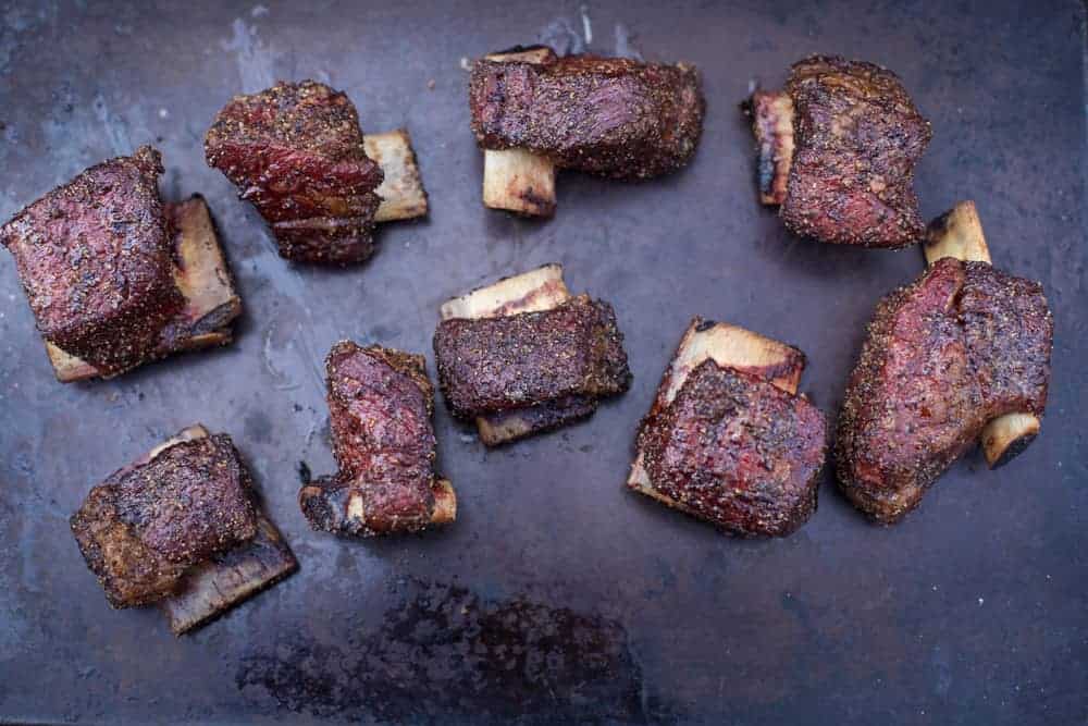 Smoked Beef Short ribs on a sheet pan.