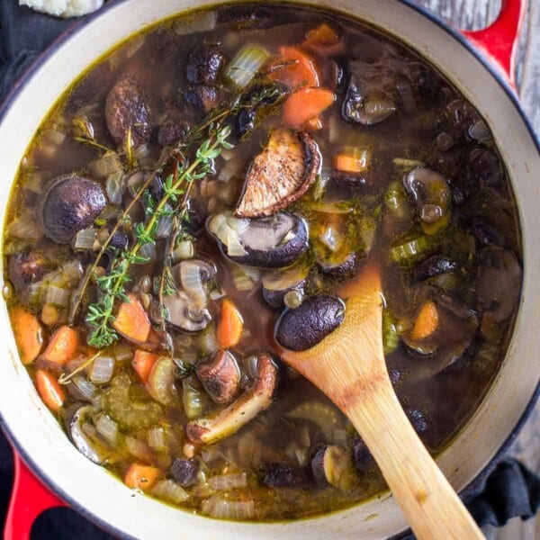 Lentil Soup with Smoked Mushrooms in a large Dutch Oven pot