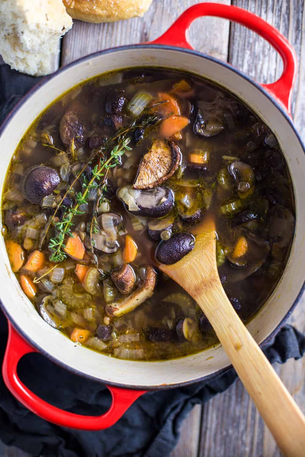 A Pot of Lentil Soup with Smoked Mushrooms