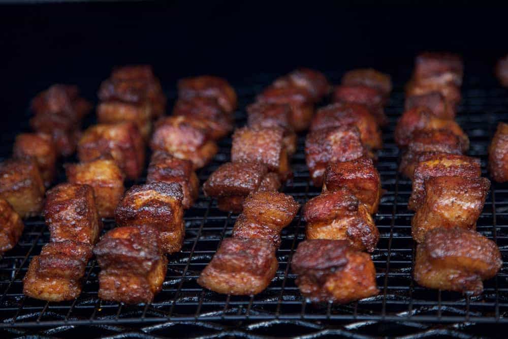 Pork belly burnt ends on a yoder smoker.