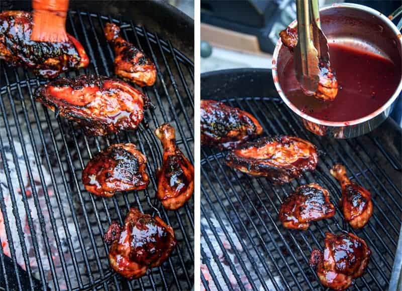 Chicken on a grill being glazed with a blackberry BBQ sauce