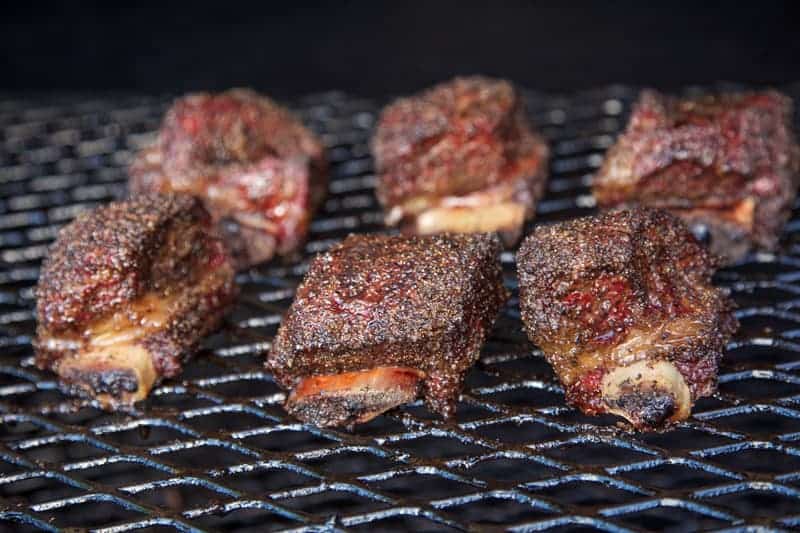 Beef short ribs on a smoker after 2 hours of smoking