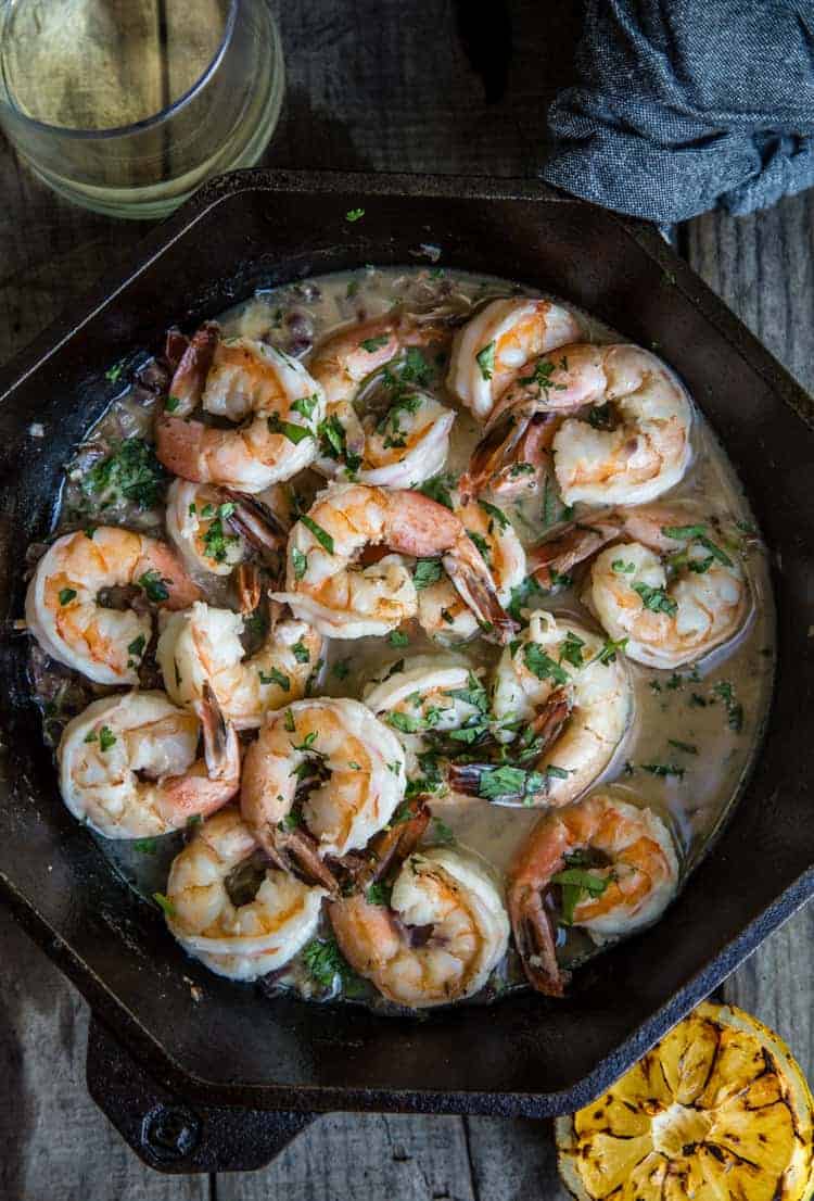 Grilled Galric Shrimp with White Wine Butter Sauce in a cast iron pan