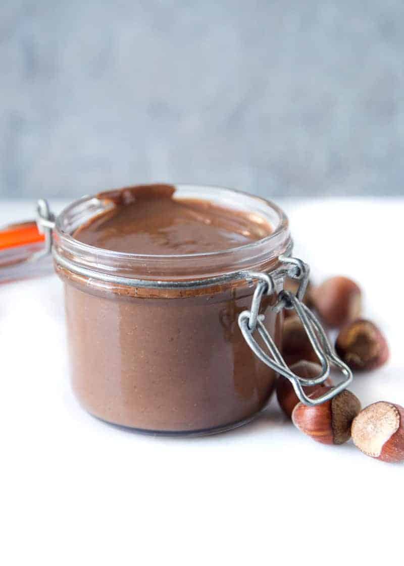 A jar filled with homemade smoked hazelnut Nutella
