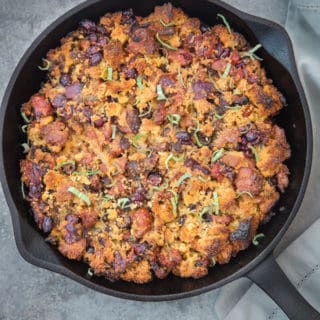 Smoked Sausage, Caramelized Onion, Cornbread Stuffing for Thanksgiving, cooked on the smoker or grill