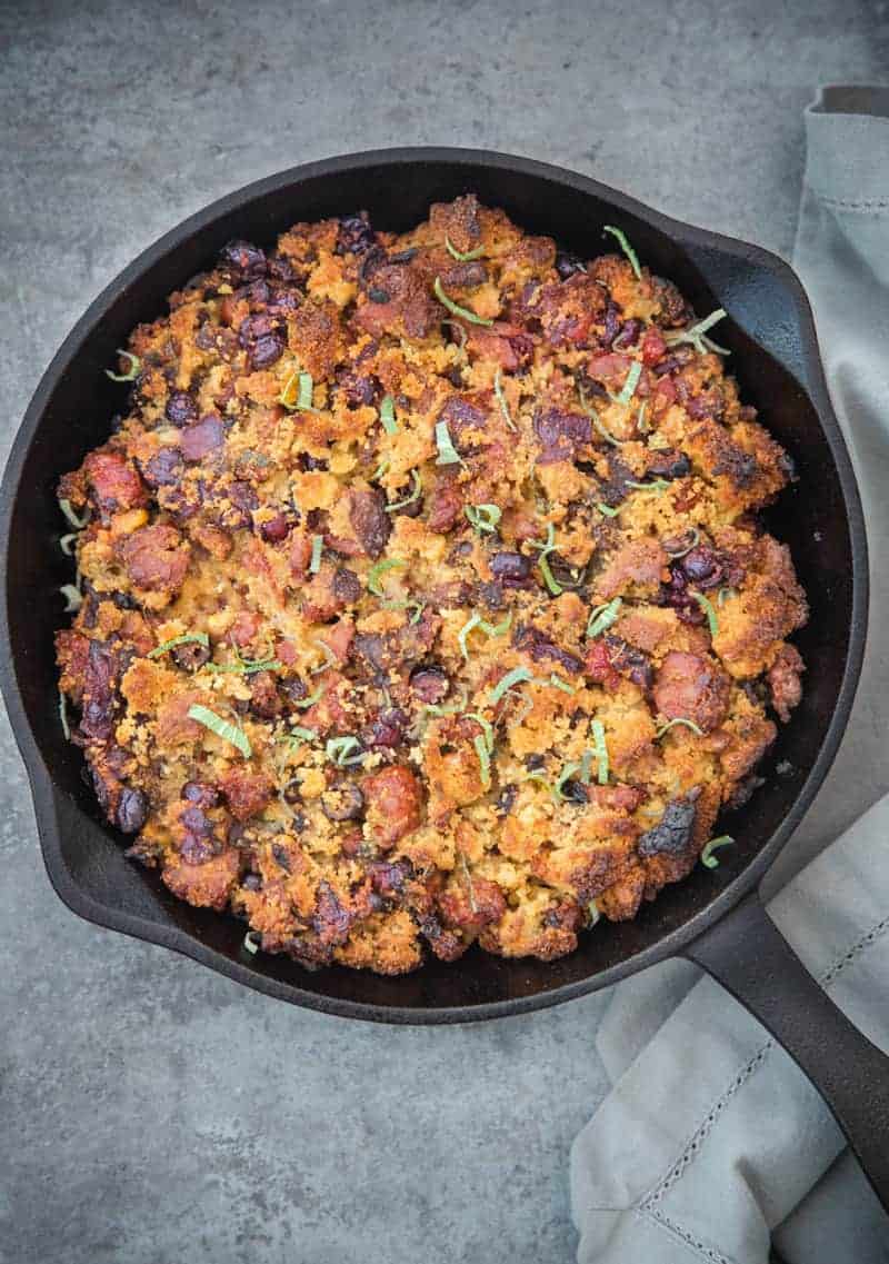 Smoked Sausage, Caramelized Onion, Cornbread Stuffing for Thanksgiving, cooked on the smoker or grill