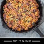 Smoked Sausage Cornbread Stuffing Pinterest Pin with text on dark background