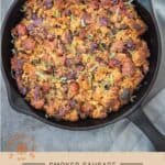 Smoked Sausage Cornbread Stuffing Pinterest Pin with text in light background