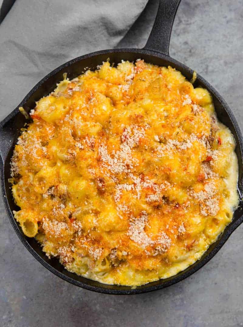 Smoked Tri Tip Mac and Cheese in a cast iron skillet