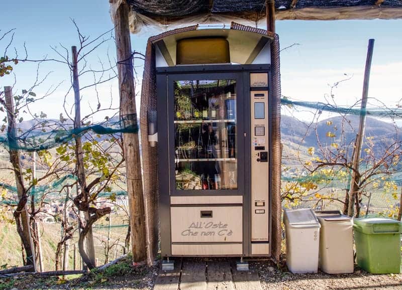 Prosecco vending machine located at L'Osteria senz'Oste, in Cartizze region within Valdobbiadene. Veneto, Italy. 