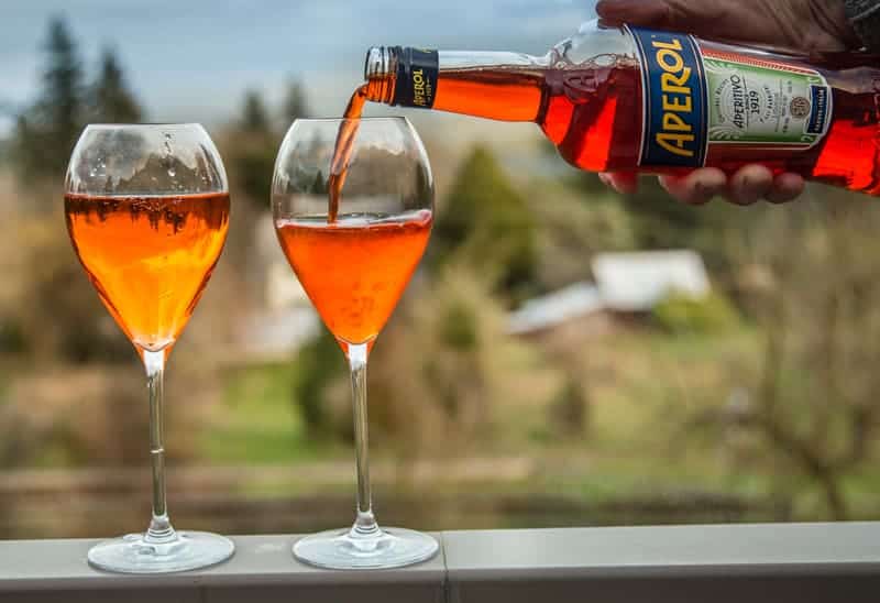 Classic Aperol Spritz cocktail being made. 