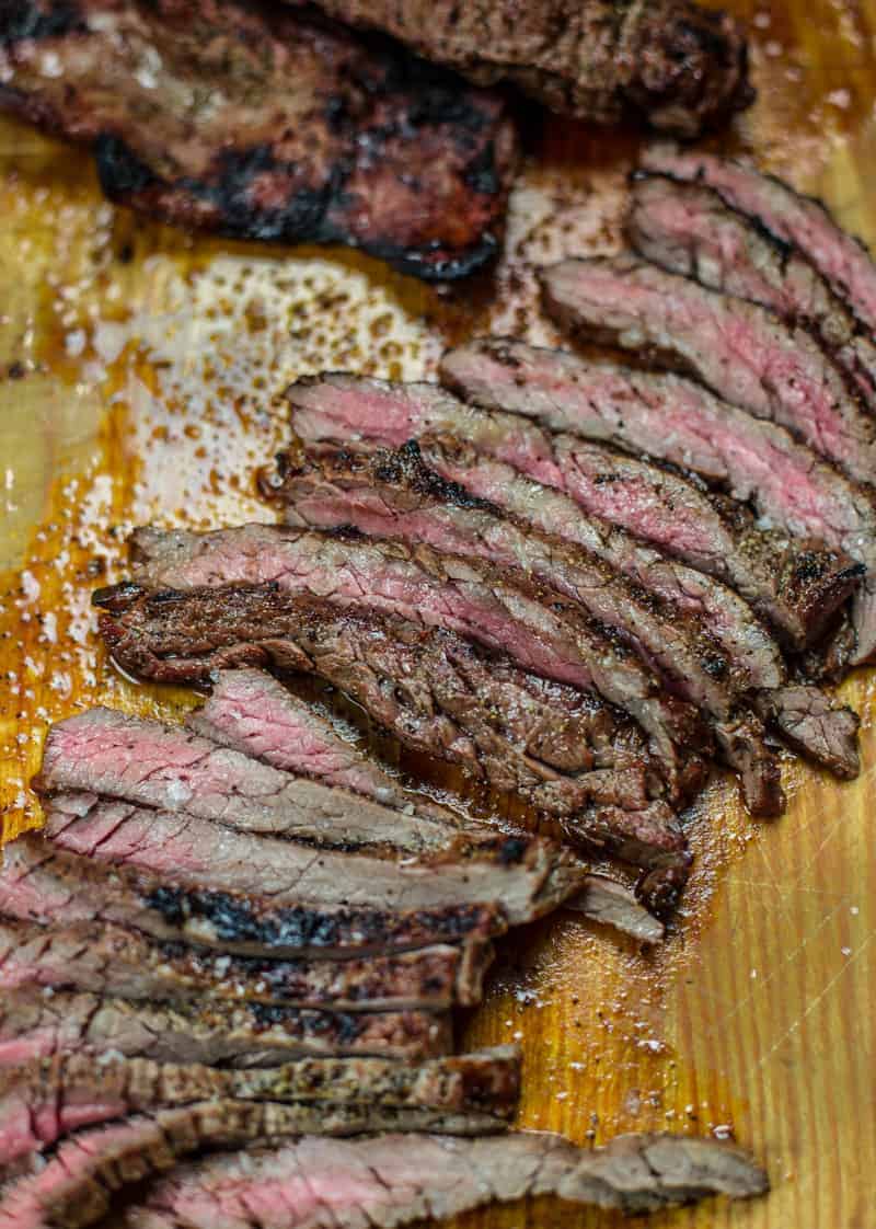 Grilled Skirt Steak sliced against the grains.