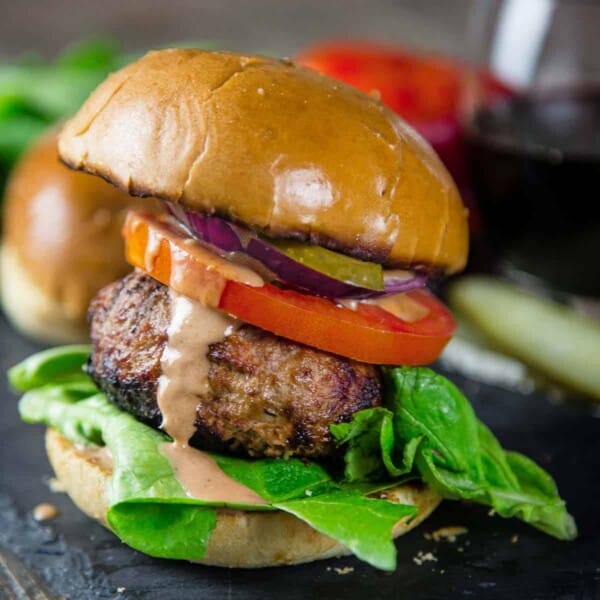 Turkey Burger with Bacon Paste on a serving platter