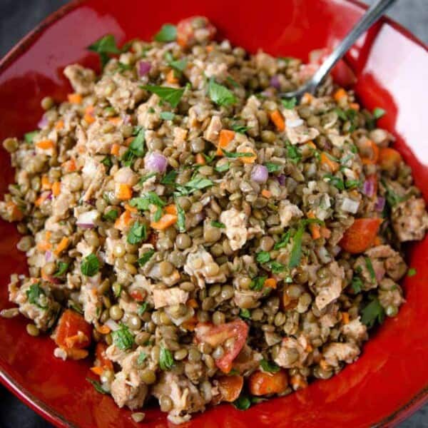 Cold Lentil Salad with Smoked Sausage in a Bowl