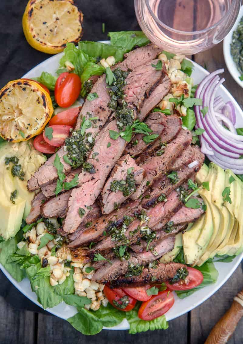 Grilled Flank Steak Salad served with rosé wine