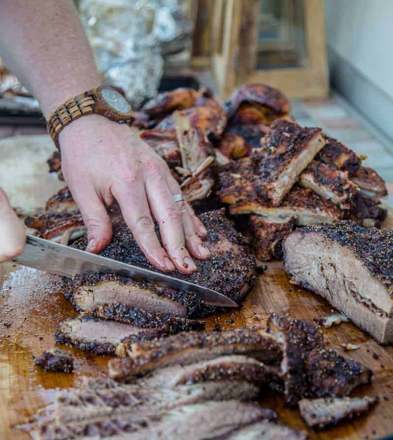Slicing a brisket from a smoked brisket recipe
